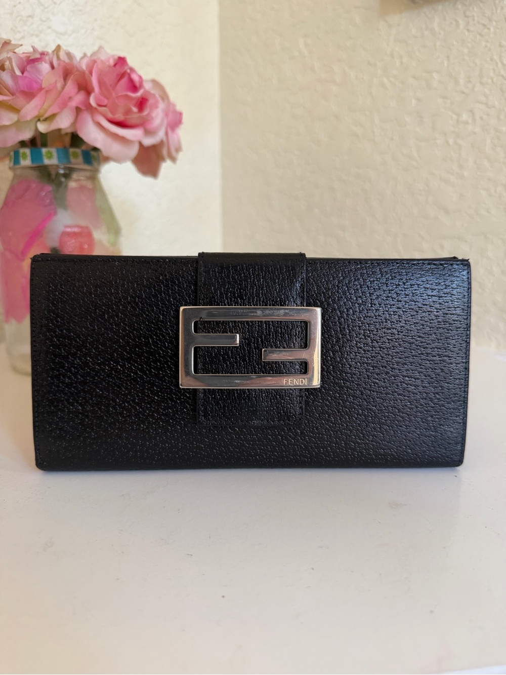 Fendi Zucchino FF Flap Black Calfskin Leather Long Continental Wallet Clutch